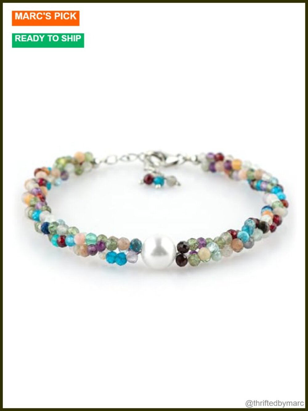 Natural Disco Gemstone Twisted Rope Bracelet with Pearl, Silver Plated Brass,